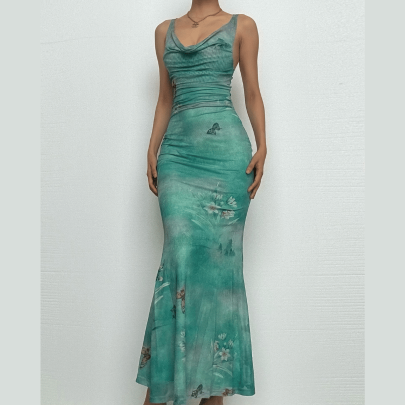 Cowl neck mesh butterfly print ruched cami maxi dress