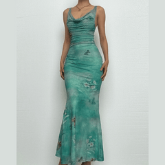 Cowl neck mesh butterfly print ruched cami maxi dress