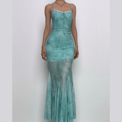 Lace hem print mesh knotted ruched cami maxi dress