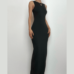 Sleeveless round neck solid backless slit midi dress-final-sale