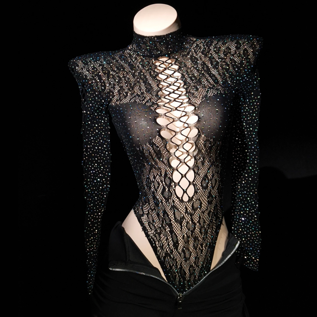 Long sleeve hollow out beaded backless bodysuit