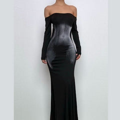 Long sleeve off shoulder print contrast maxi dress-final-sale