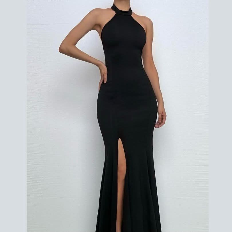 Halter backless high slit solid maxi dress-final-sale