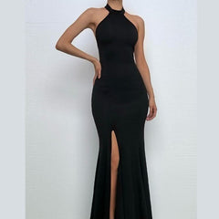 Halter backless high slit solid maxi dress-final-sale