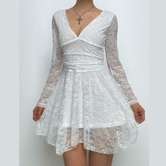 Lace v neck long sleeve self tie backless mini dress