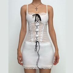 Bowknot lace up lace hem mesh cami mini dress