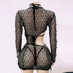 Long sleeve metal chain hollow out skull applique 3 piece dress