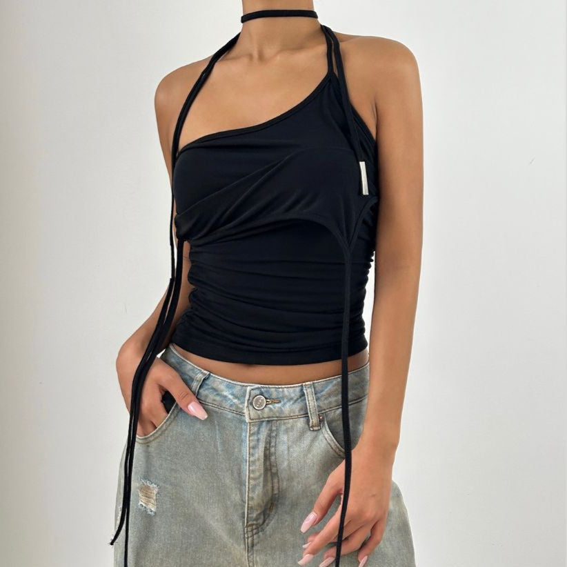 Halter backless solid ruched top