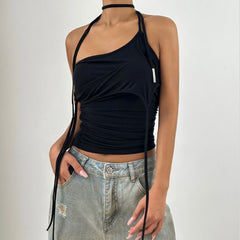 Halter backless solid ruched top