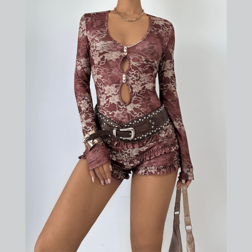 Ruffle long sleeve hollow out print romper