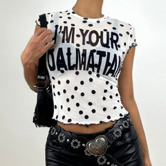 Polka dot crewneck ruffle letter pattern top