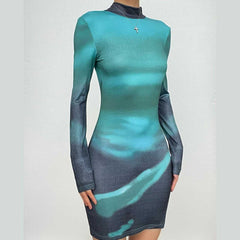 High neck long sleeve self tie backless gradient mini dress-final-sale