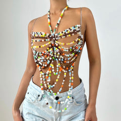 Beaded contrast halter backless top