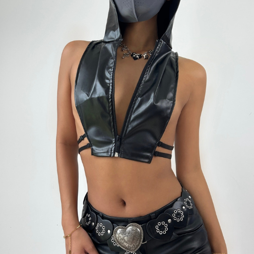 Hoodie zip-up PU leather hollow out cut out top