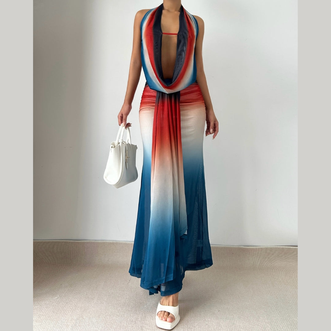 Cowl neck halter gradient backless maxi skirt set
