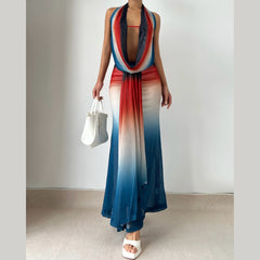 Cowl neck halter gradient backless maxi skirt set