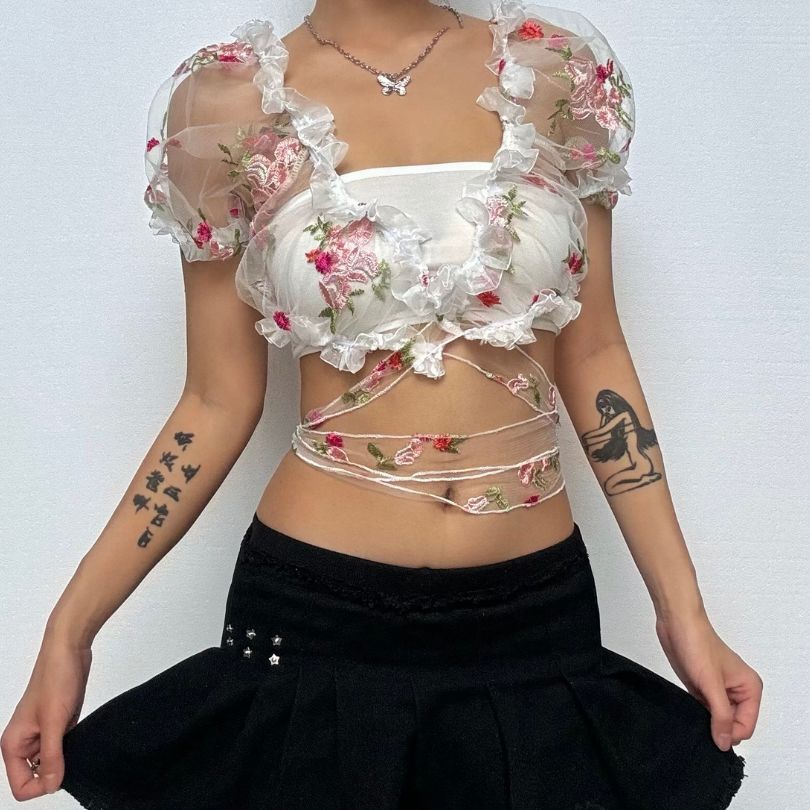 Ruffle puff sleeve embroidery mesh self tie top