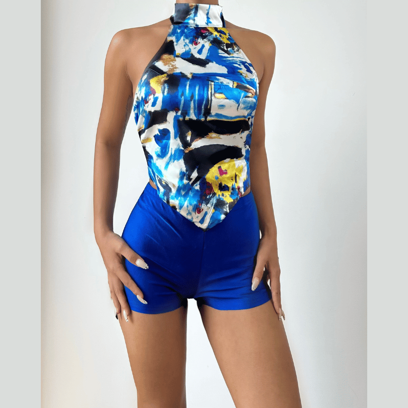 Halter self tie print medium rise pant set