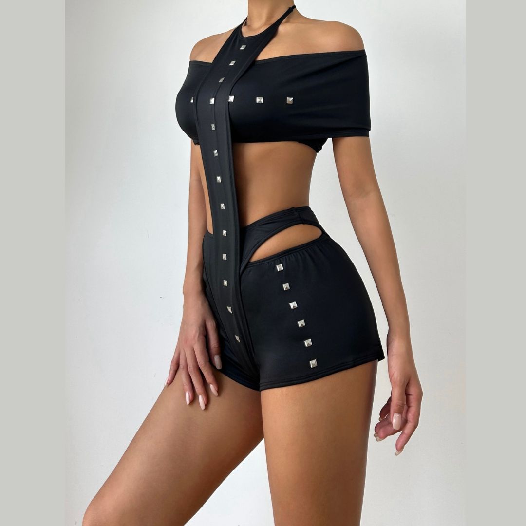 Off shoulder halter self tie solid pant set