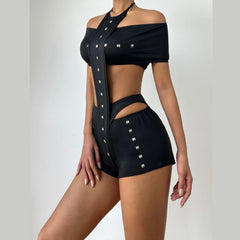 Off shoulder halter self tie solid pant set