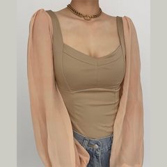 Solid v neck long sleeve mesh backless bodysuit-final-sale