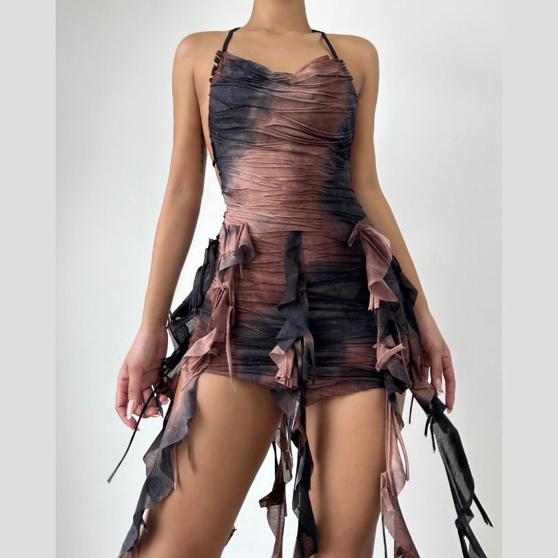 Halter backless tie dye ruffle mini dress