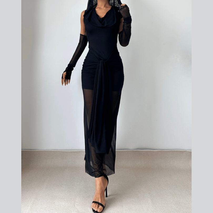 Mesh hoodie cowl neck ruched maxi dress