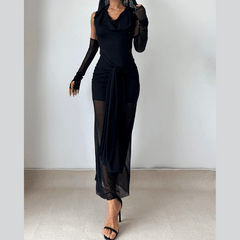 Mesh hoodie cowl neck ruched maxi dress