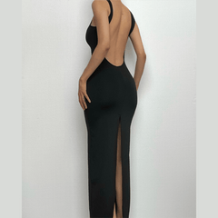 Sleeveless round neck solid backless slit midi dress-final-sale