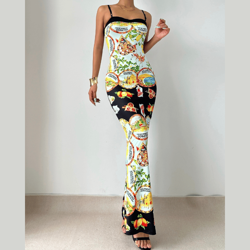 Print contrast backless cami maxi dress