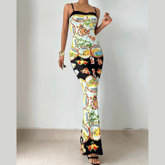 Print contrast backless cami maxi dress