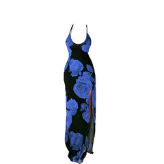 Rose print u neck slit cross back cami maxi dress-final-sale