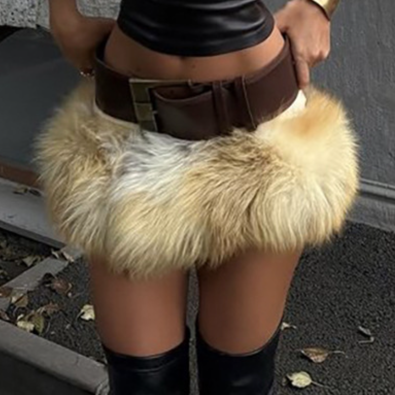 Fluffy buckle belt mini skirt