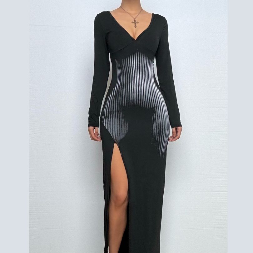 Slit long sleeve deep V neck print backless maxi dress