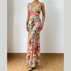 Print ruched halter self tie backless maxi dress