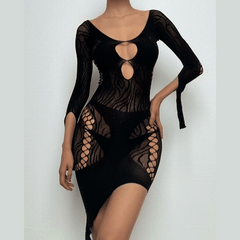 Long sleeve zebra hollow out mesh cut out mini dress