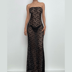 Lace see through solid tube maxi dress