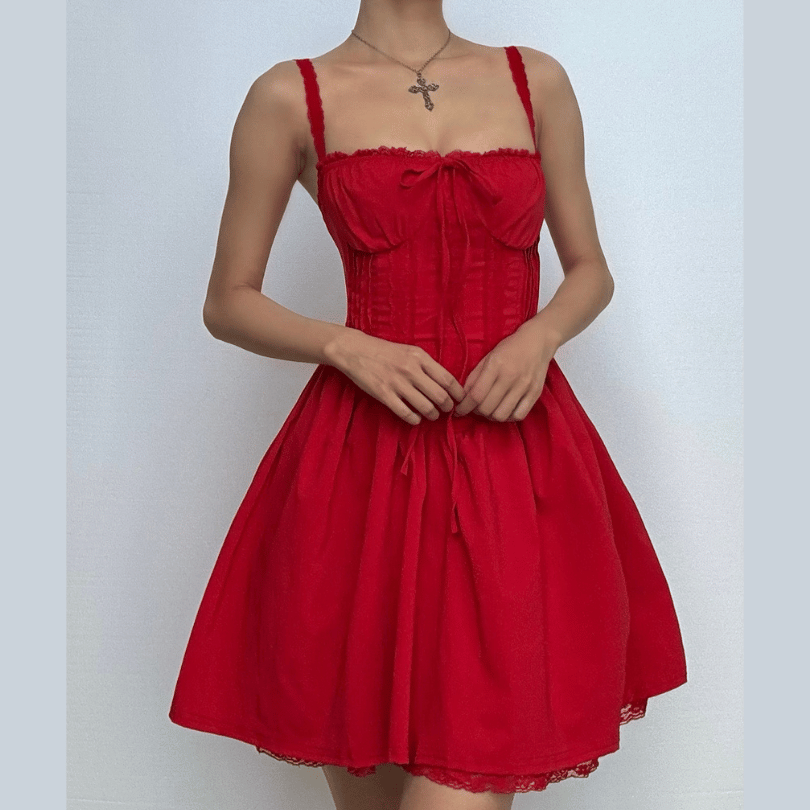 Lace hem drawstring ruched lace up cami mini dress