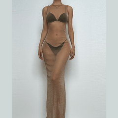 Glitter backless mesh slit maxi dress