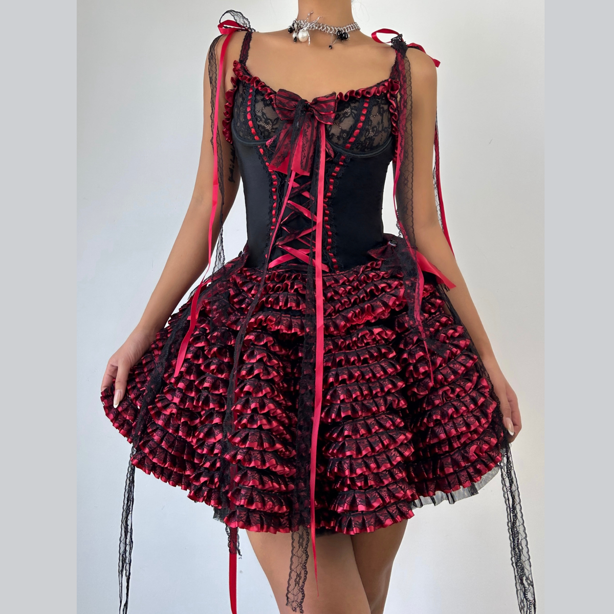 Bowknot ruffle self tie hollow out mini skirt set