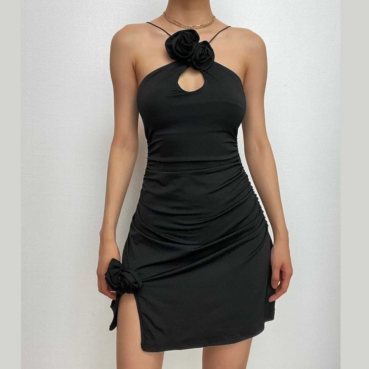 Ruched flower applique hollow out backless slit cut out mini dress-final-sale