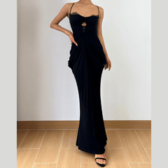 Cross back lace hem v neck ruched maxi dress