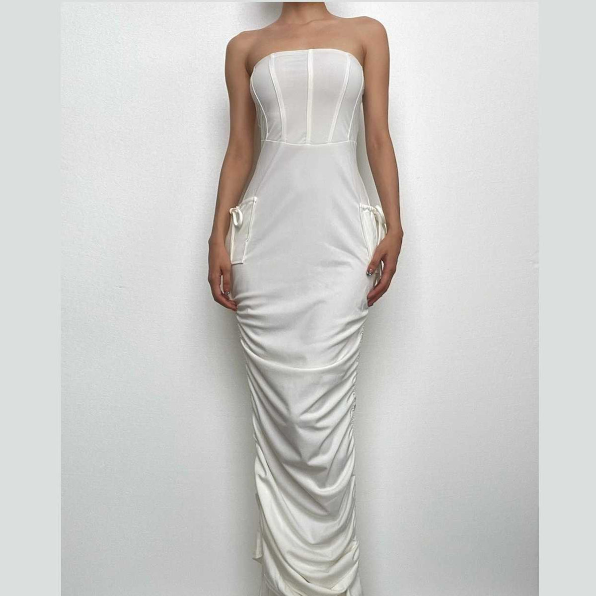 Ruched backless solid drawstring tube midi dress-final-sale