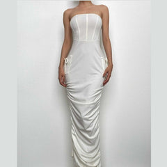 Ruched backless solid drawstring tube midi dress-final-sale