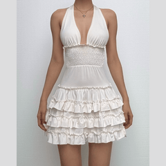 Halter smocked knotted ruched ruffle mini dress
