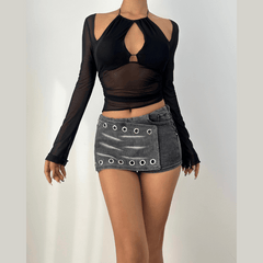 Long sleeve mesh hollow out cut out top