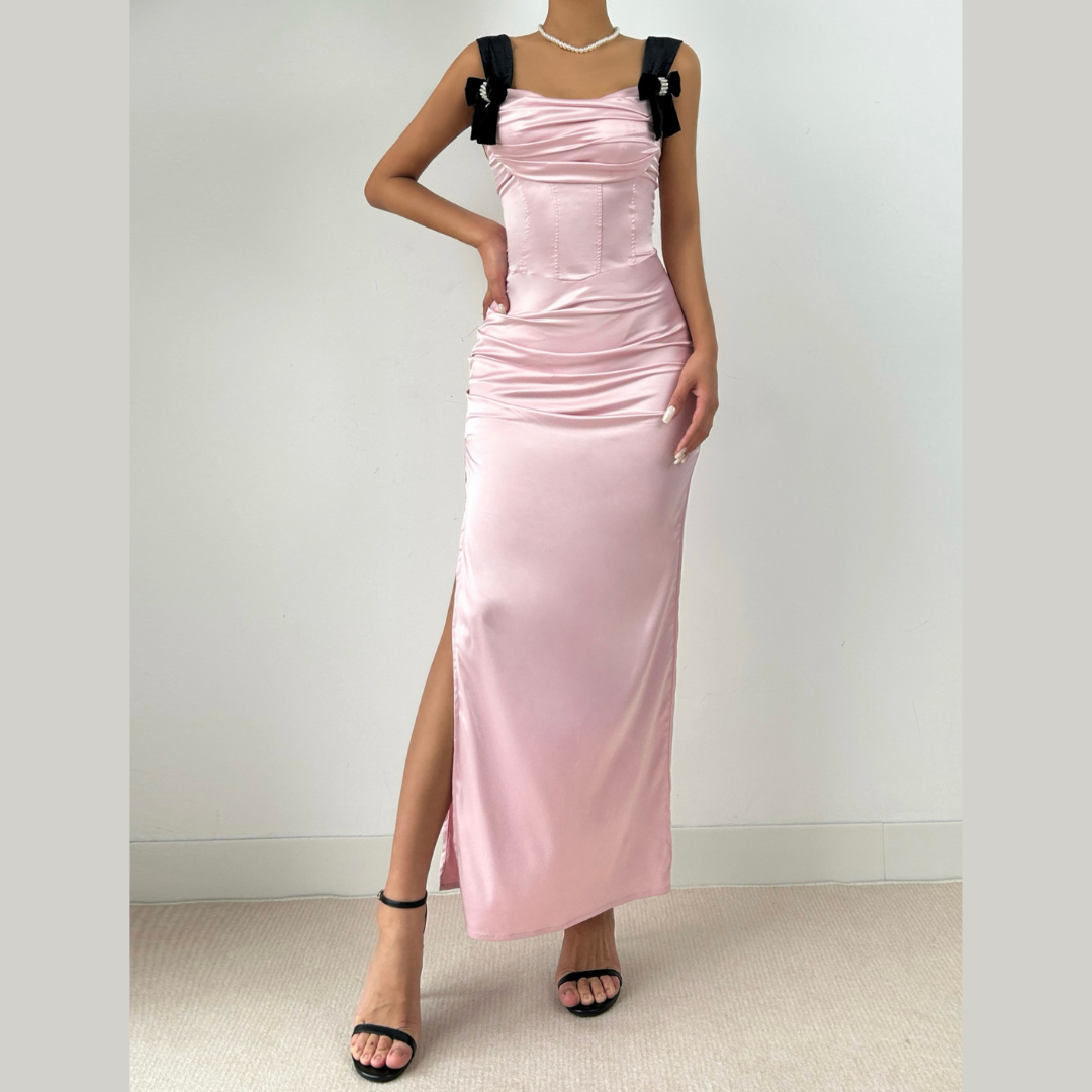 Square neck bowknot ruched slit maxi dress