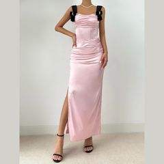 Square neck bowknot ruched slit maxi dress