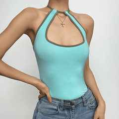 Halter contrast hollow out self tie backless cut out top
