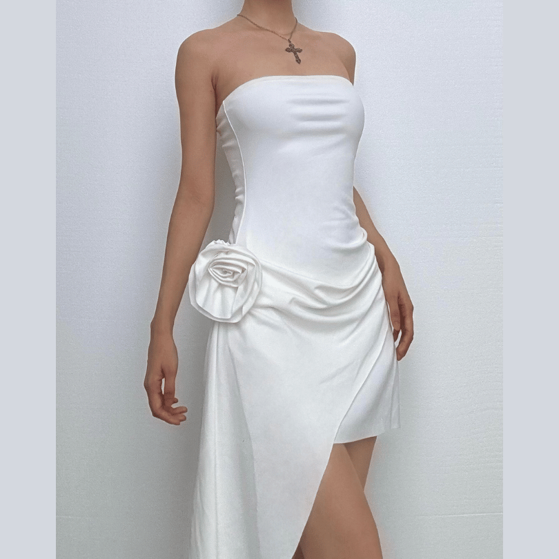 Flower applique ruched tube mini dress